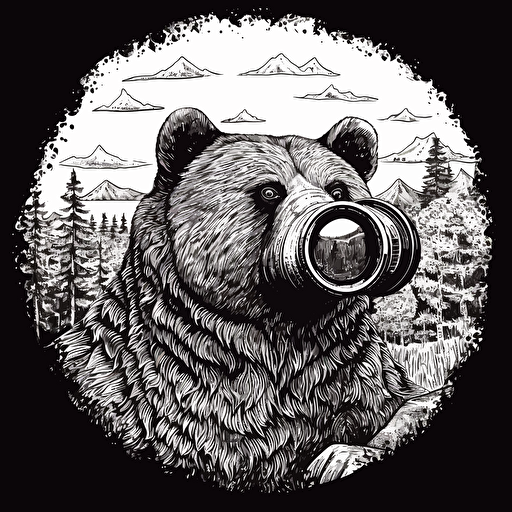 bear looking through binoculars, vector icon, black and white, white background, simple vector ::vwoodcut style