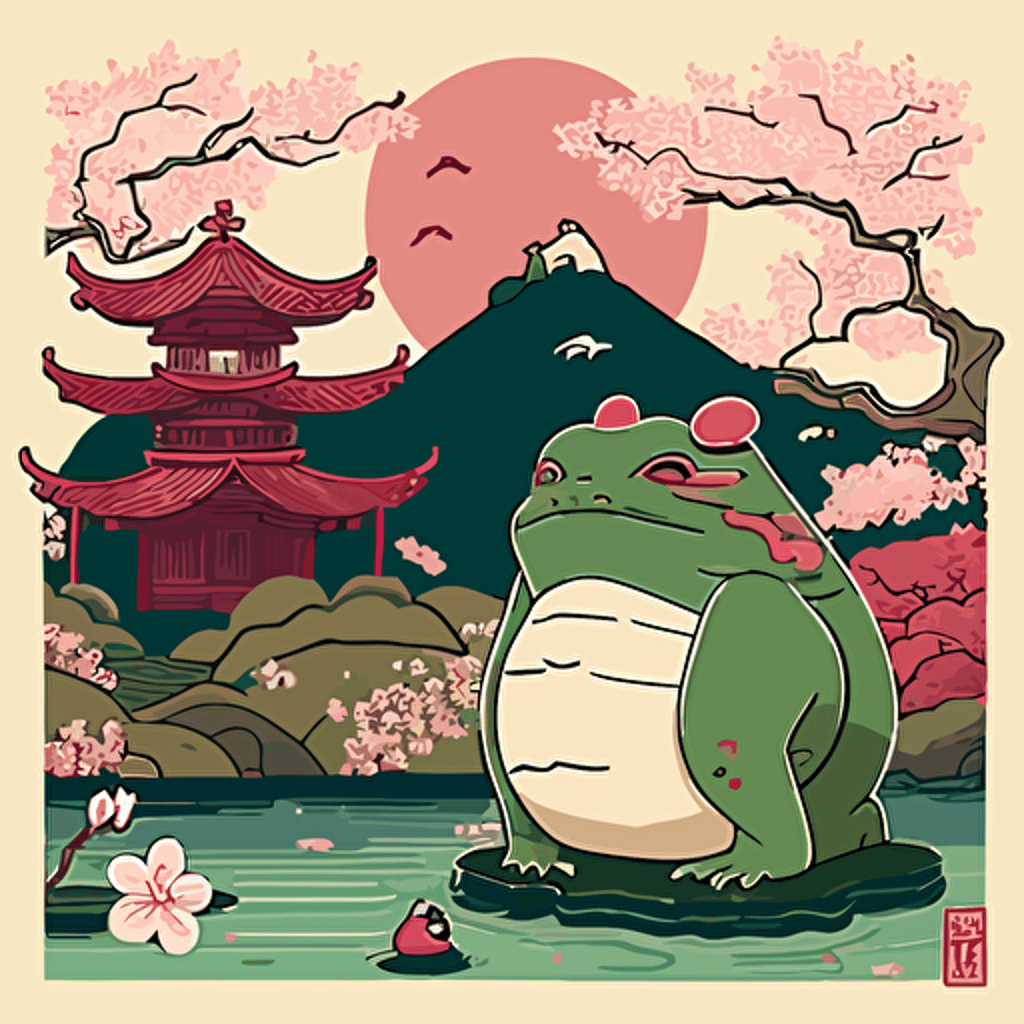 Influenced by the Japonisme art style, create a vector illustration of KEK (in his frog form resembling Pepe the Frog) interacting with Japanese mythical creatures in a serene landscape filled with cherry blossoms. Set the scene in a picturesque Japanese garden, with KEK gazing in wonder at his surroundings