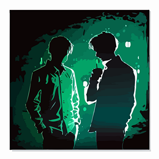 2 man, Innocent, Guys Night Out, green color, blue background, simple design, vector style, white outline over silhouette