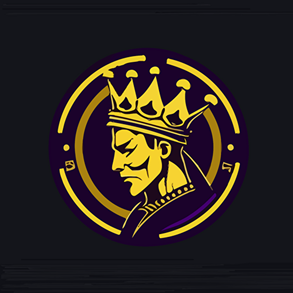 a poker chip with a cute vectorised crowned casino king head, logo minimalist, purple, yellow gold and black