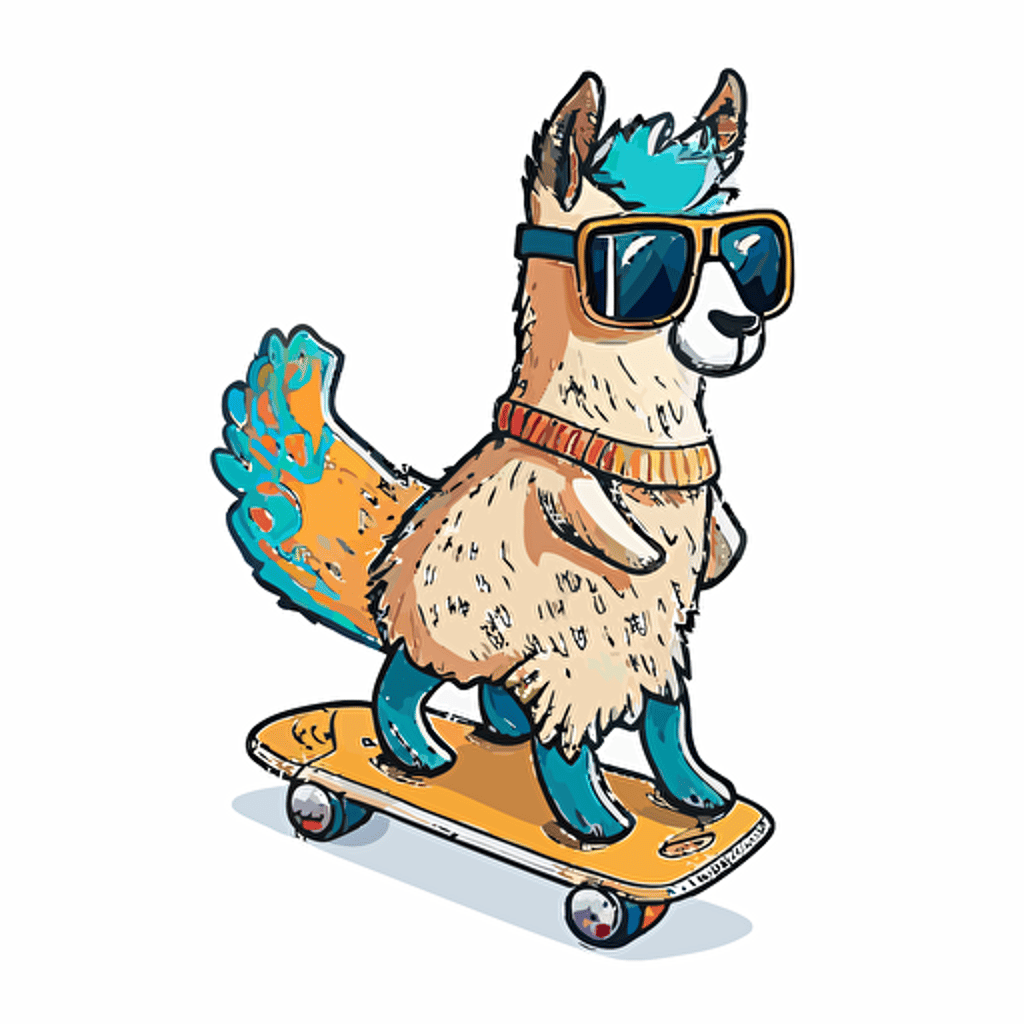 A llama riding a skateboard with sunglasses on, Sticker, White background, Cartoon, Vector