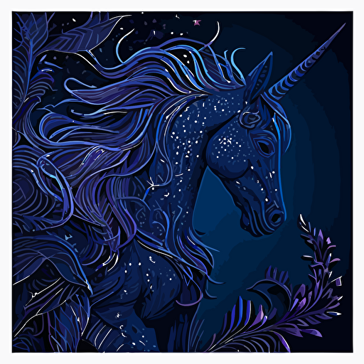 iridescent black unicorn at night, vector, intricate details depth of field, black light poster