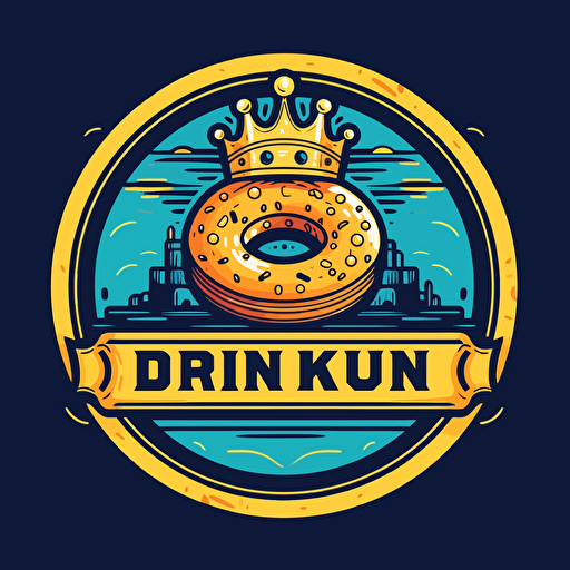 Create a modern logo with three vector donuts, the center donut with a queen crown, all in a circular frame. do it with gold, black, dark blue colors, with letters around it that say donut king, without images of people