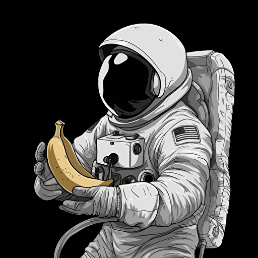 cartoonish astronaut peeling a banana, black background, white and grey, 2d vector, shadeless