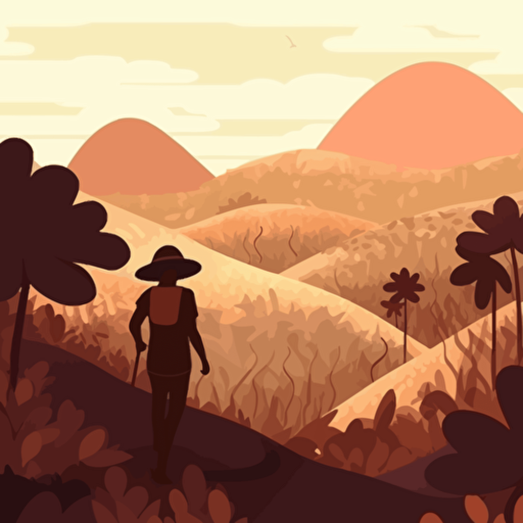 2d illustration of a person exploring the chocolate hills in the Philippines, vector art style