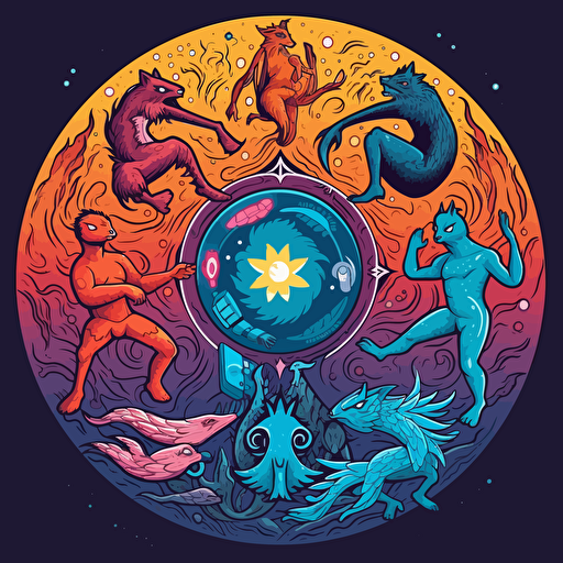 illustration, ultimate frisbee, anthropomorphic creatures without labels or categories, inspired by elements of nature, pure emotions, 5-color palette, vectorized illustration, colors not repeating side by side, geometric shapes and curves.
