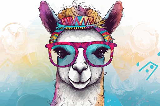 cute cartoon llama wearing sunglasses::10 doodle colored pencil painting folk art::7 fantasy::2 sparklecore::3 vibrant vector illustration clip art white background::5