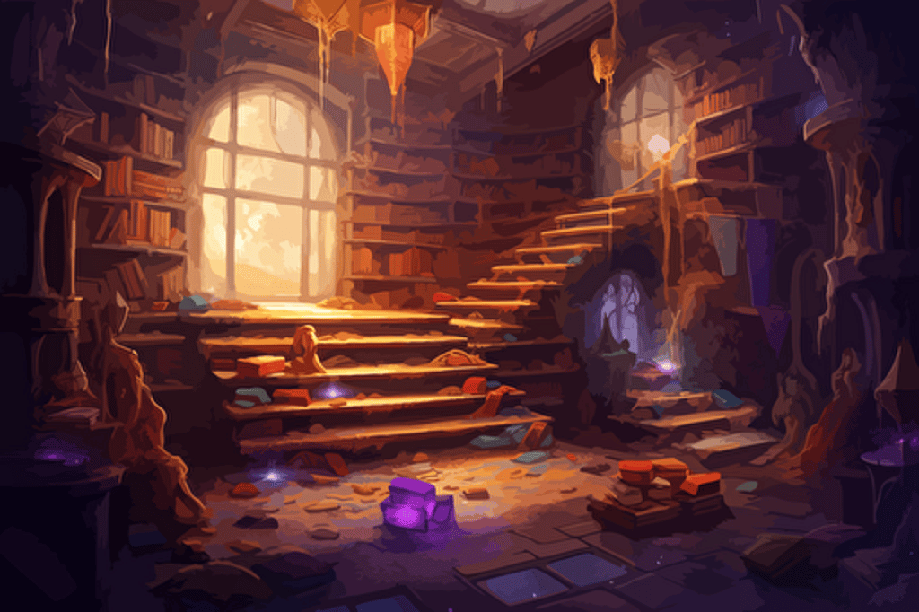 mystical underground library by Paul Gustaf Dore. Bookshelves, piles of books, scrolls, golden & white decor, marble floor, purple and gold carpets, purple glowing braziers, mystical, biblical copperplate art, retro 90s box art, vector style, inking, retro game, pixel art, high detail, less warm colors