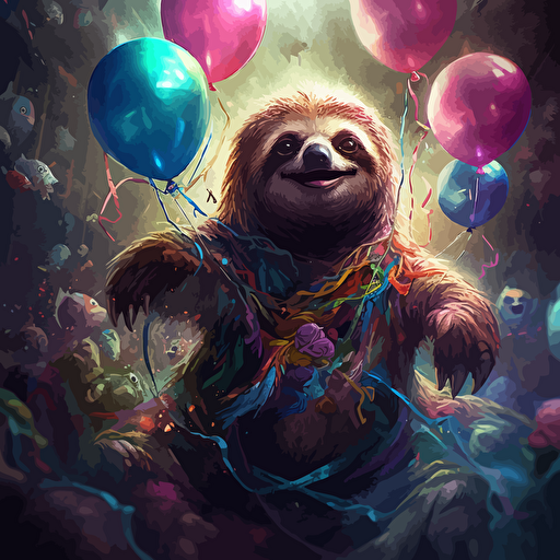vectorgrafik,Effulgent,caricature,jubilant, iridescent, fantasy, funny happy sloth, balloons Magical, Insanely Detailed, Fantasy, Retro Sci-Fi by Shusei Nagaoka Starburst, by Zena Holloway, Sparkle, Fantasy, Unreal Engine,