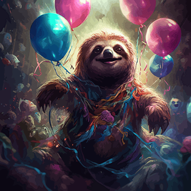 vectorgrafik,Effulgent,caricature,jubilant, iridescent, fantasy, funny happy sloth, balloons Magical, Insanely Detailed, Fantasy, Retro Sci-Fi by Shusei Nagaoka Starburst, by Zena Holloway, Sparkle, Fantasy, Unreal Engine,