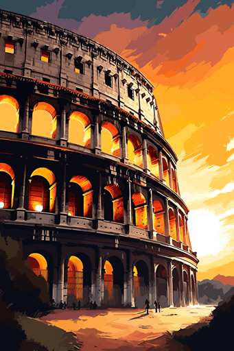 colosseum, illustration, painting, bright lighting, sun in sky, front view, flat,vector