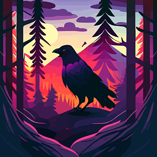 a raven on forest trail. forest, mountain line, sunset. Cute, happy, vector, game design.