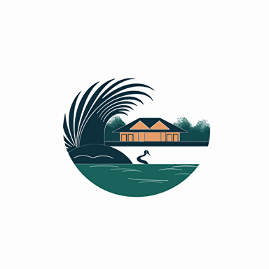 Beautiful minimalist abstract vector simple logo, low detail, luxury cabanas, cabanas are close to the top of a hill, the hill is next to a lake, there is a peacock in the roof of the cabana
