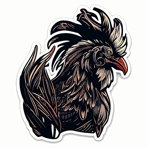 rooster Sticker, Enthusiastic, Dark, Minimal, Contour, Vector, White Background, Detailed