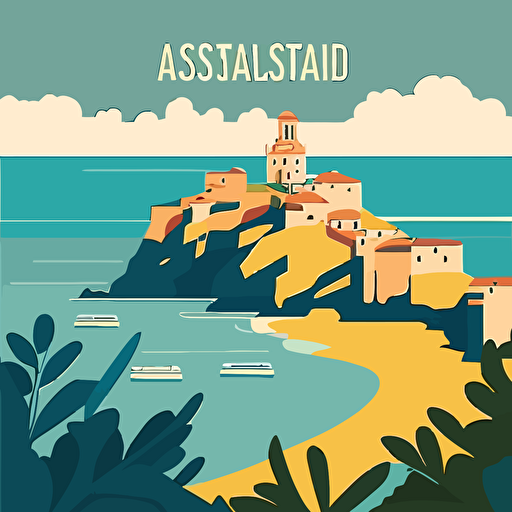 simple vector poster for castelsardo, sardinia. coastline, mountains, village, castle ruins