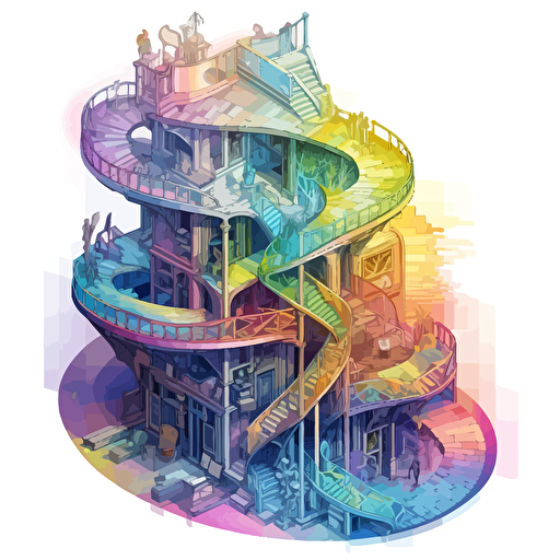 two-story wizard architectural form, cutaway view, many iridescent helical staircases, isometric, vector shapes, magical