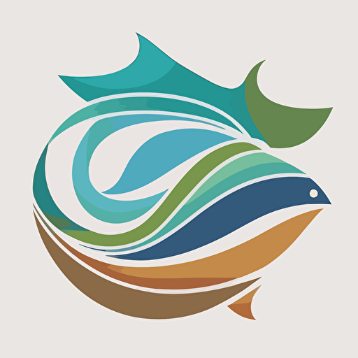 a flat vector logo of a stylized wave, fish, with blues, greens, earth tones by paul rand