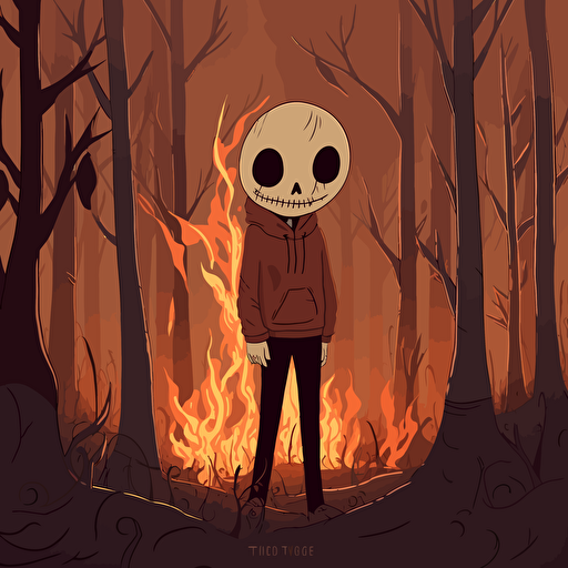 Ticci Toby, Fan Art, 2d illustration, flat vector, hand-drawn, neutral tones, creepypasta, forest on fire