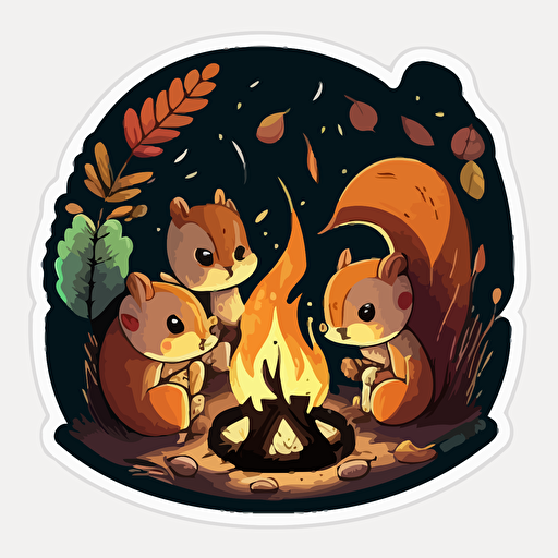 cute cartoon squirrels gathered around campfire vector art sticker