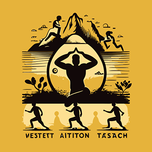 Vector image or logo, single color: In the center of the image, there is a person lifting weights. Next to them, there is a person running. On the other side, there is a person practicing yoga, and a fourth person meditating.