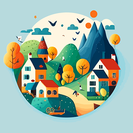 Based on Marc Chagall's dreamy compositions, design a vector illustration of a whimsical village fair where people and animals float in the air, enjoying various activities. Set the scene on a clear afternoon with a blue sky.