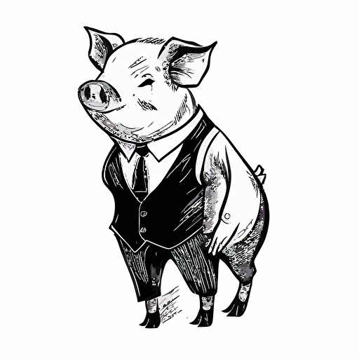 expressive pig, in style of charles williams, black and white, flat, vector, line drawling, white background ar 1:1