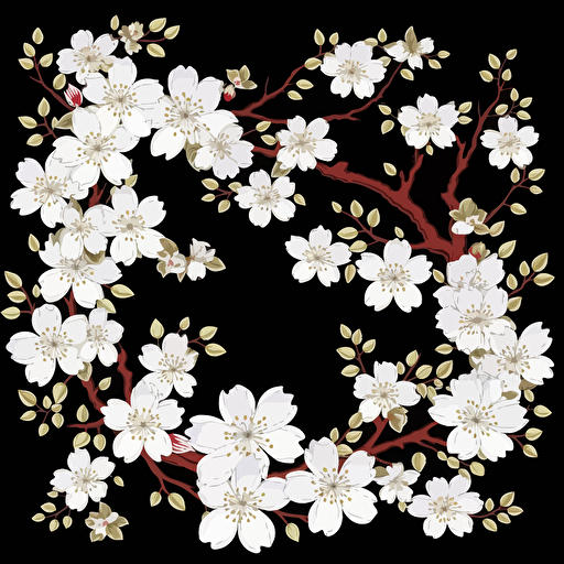 vector art, black backround, white japanese sakura flowers