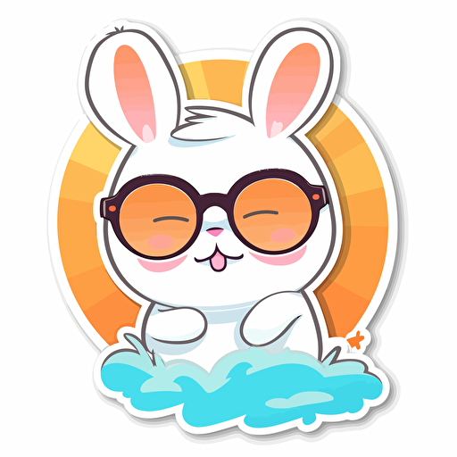 sticker, happy rabbit with sun glasses, kawaii, contour, vector, white