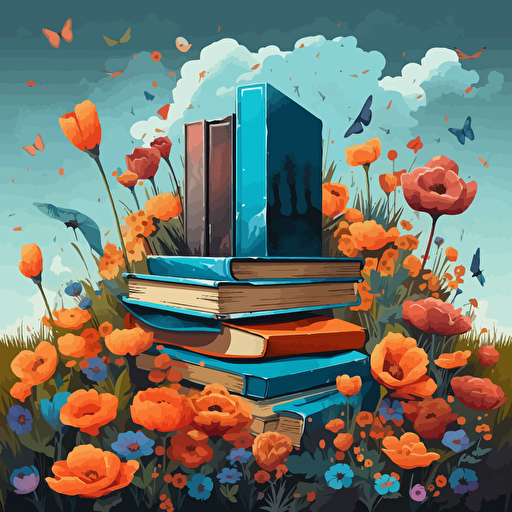 a vector image of books growing in a field surrounded by flowers, blue and orange and dark gray, graffiti style