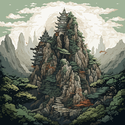 asian style, pixel art, a single rocky mountain, vector illustration, in the style of highly detailed foliage, dark green and light gray, richly detailed genre paintings, earth tone color palette, precise, neo-geo