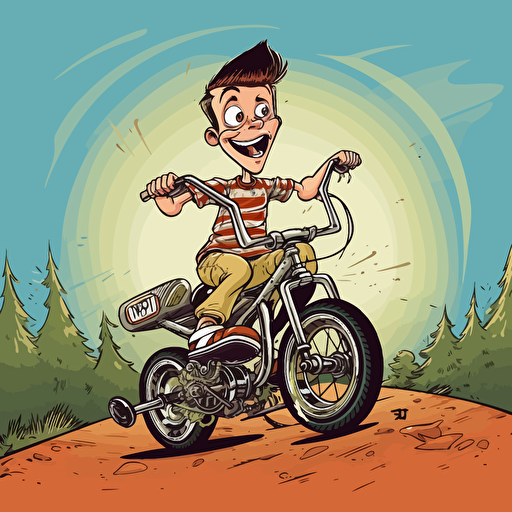wide angle shot of a goofy looking kid on and 1970's Raliegh Chopper bycicle, 2D vector art