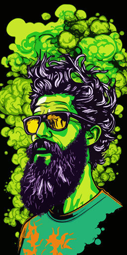 happy man with sunglasses et a beard smoking sativa thc cloud vape, green background vibrant color vector style pop art style::