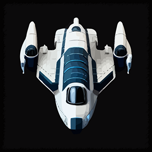 Blue and white space ship on black background, top-down view, clean, simple, no shadows, vector