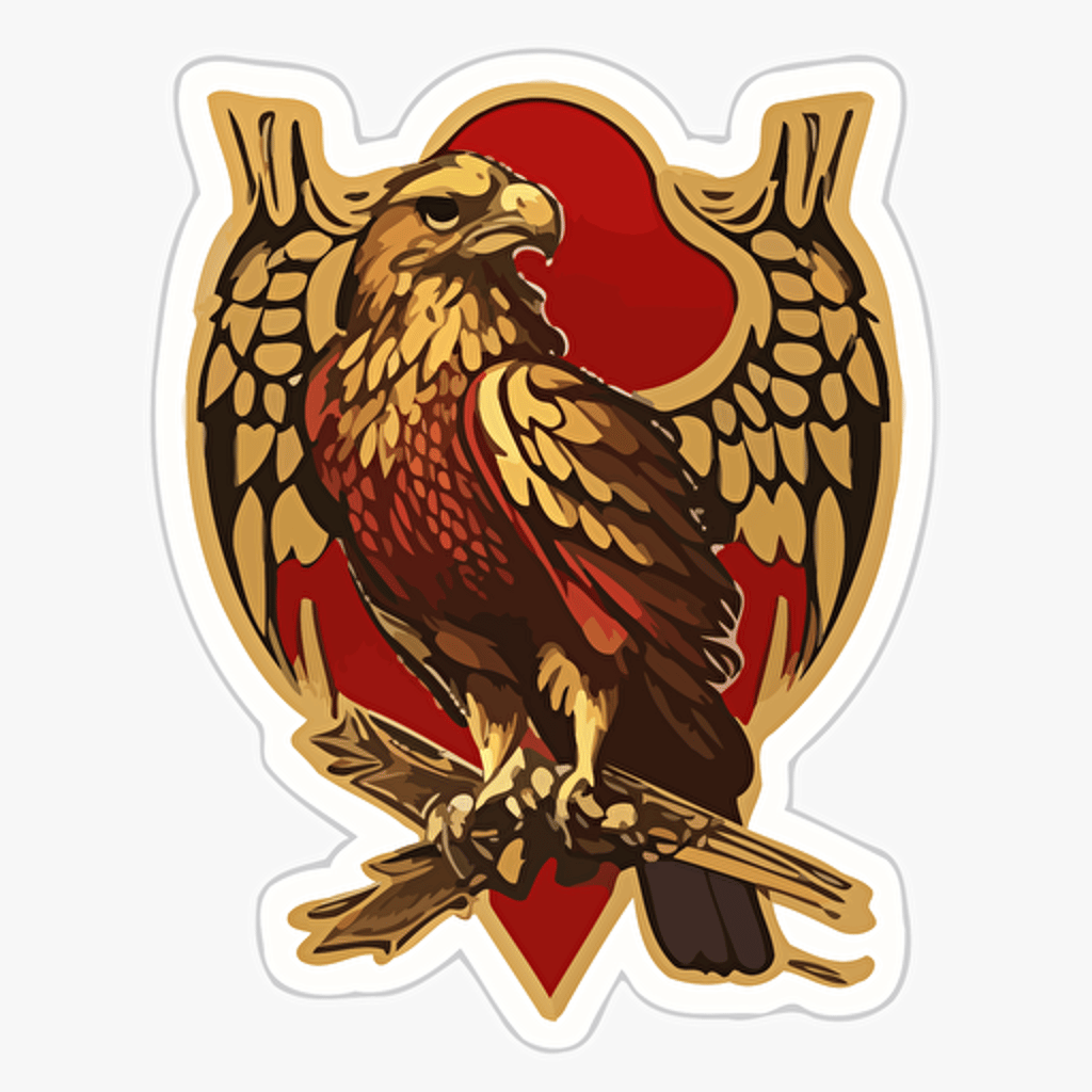 a vector cartoonish image of a gold falcon heraldry on a red sticker, transparent background sticker