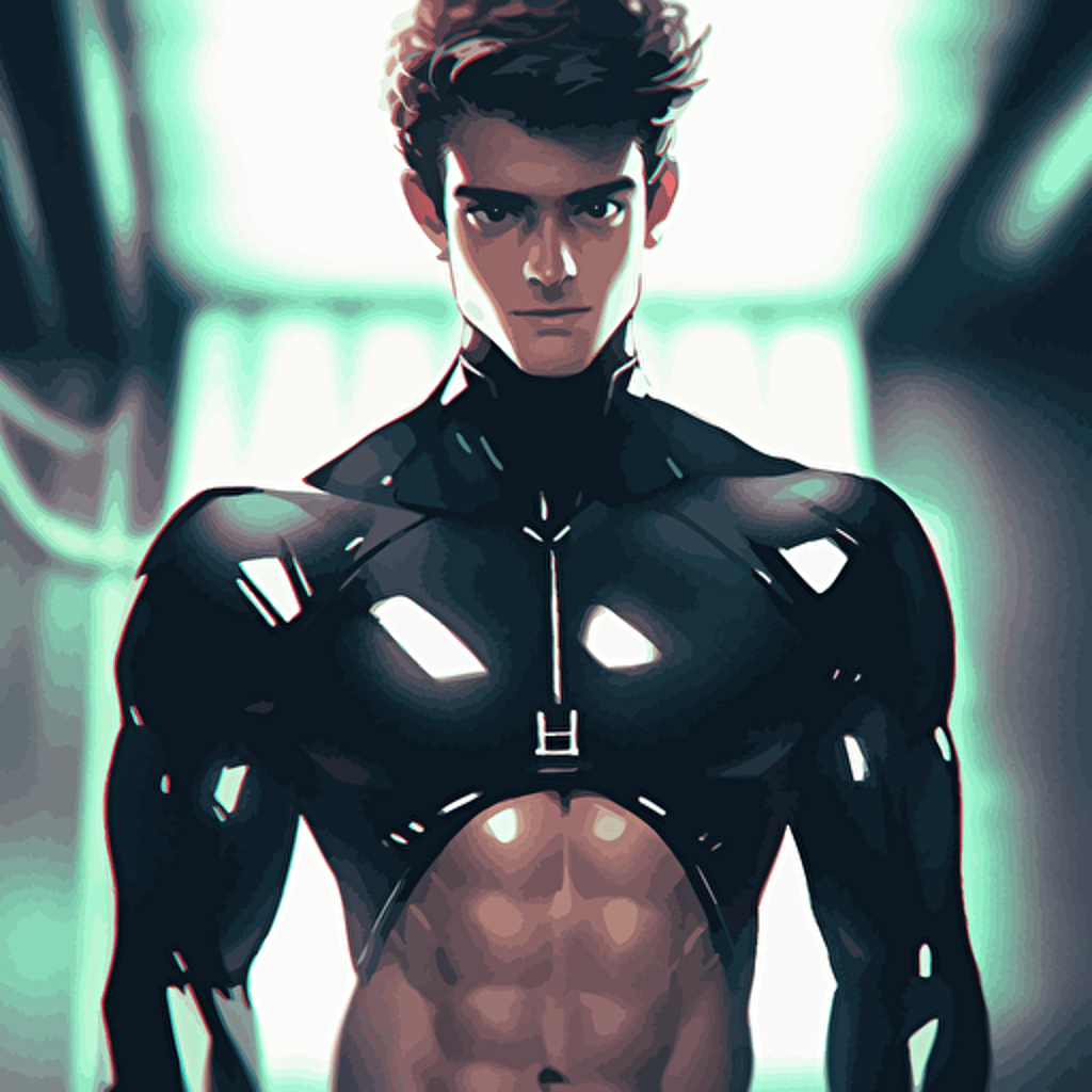 young male futuristic superspy in a black latex bodysuit, handsome, objectified, vulnerable, photogenic, upper body, soft lighting, he is a blend of kj apa and damian lewis, vector, style of tom of finland, alphonse mucha, wally wood, granblue fantasy, photorealism