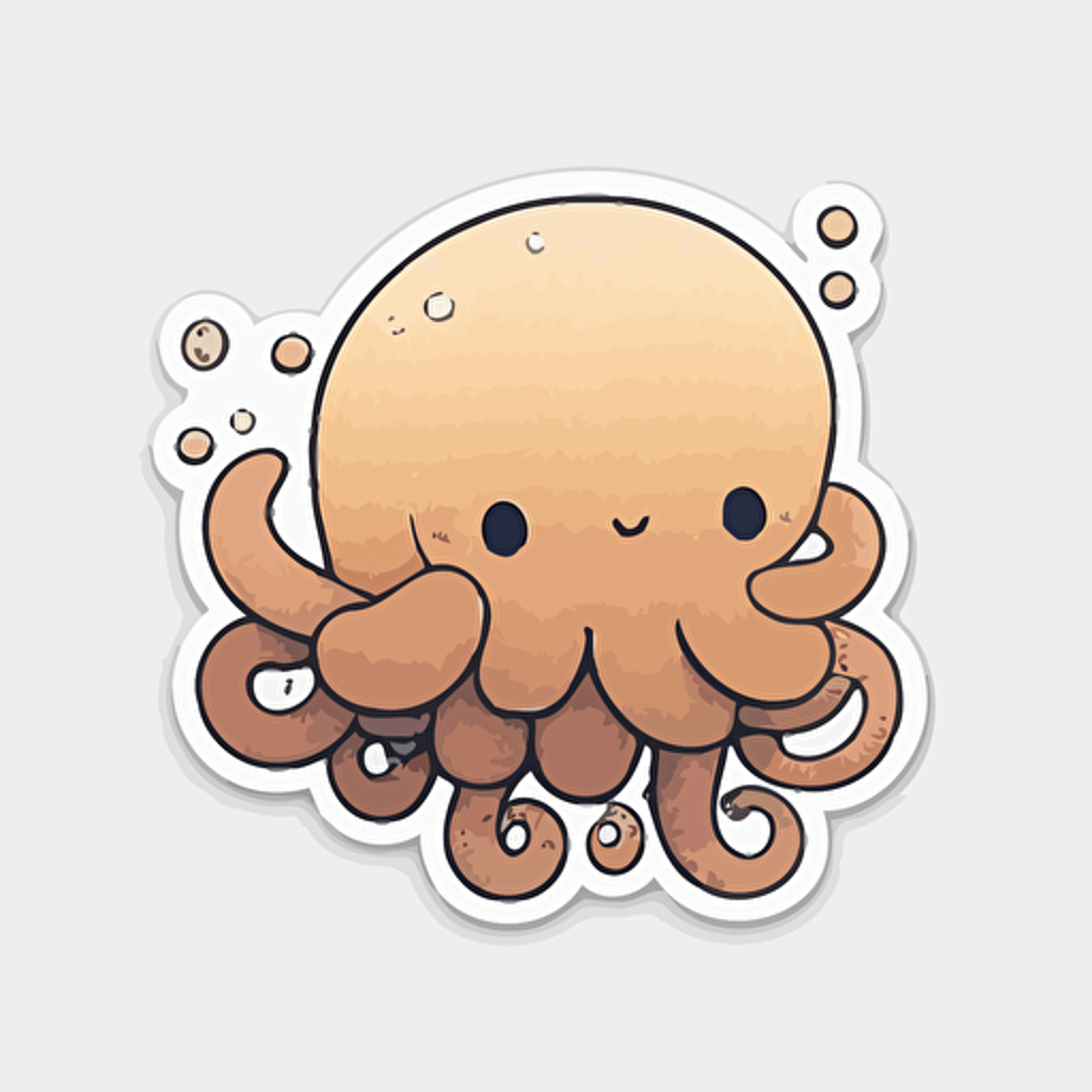 Octopus, Sticker, Adorable, Warm Colors, Kawaii, Contour, Vector, White Background, Detailed