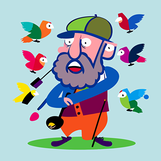 Playful, brightly coloured, caricature, cartoon style, vector, solid colour, old scottish man with beard and golf hat shooting at birds