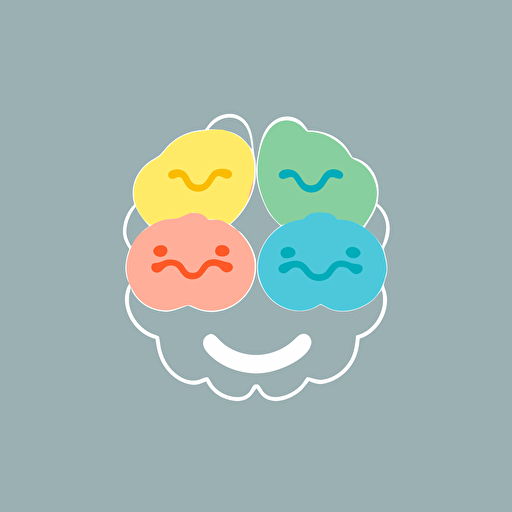 a simple vector image of brain with a smiley face, minimalist, 5 pastelle colors, friendly, kind