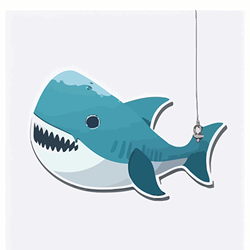 die-cut sticker, cute kawaii megalodon on a leash sticker, white background, illustration crisp minimalism, vector, oceanic tones.