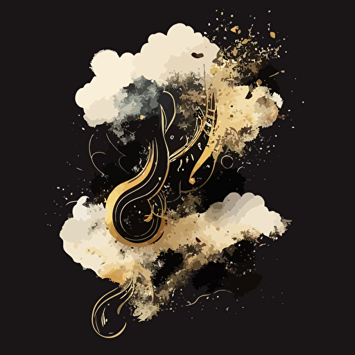 logo, minimalist, vectorized, gold, brass and black colors, print layer , delicacy, elegant, magic, music notes forming one big cloud