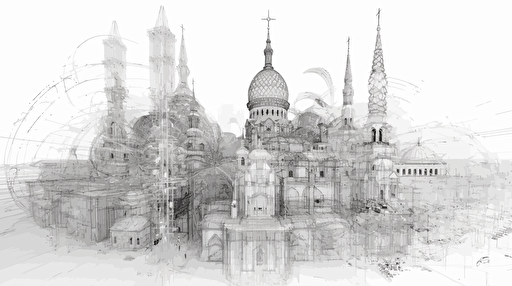 A detailed technical 3-dimensional sketch of only thin arrows of a machine learning model analysis of an image of a Christian religious icon, thousands of arrows, religious buildings in the background, an image consisting of a lot of vectors, a charcoal sketch with white background