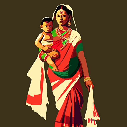 vector style fullbody illustration of a bangladeshi rural mother in sharee carrying a one year old child. The background should be white.