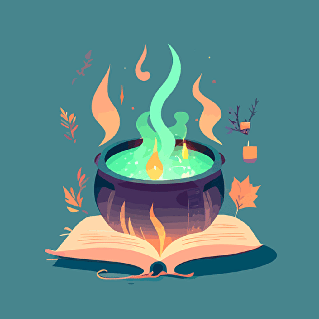simplistic flat vector illustration magical witch cauldron spellbook candle witchy