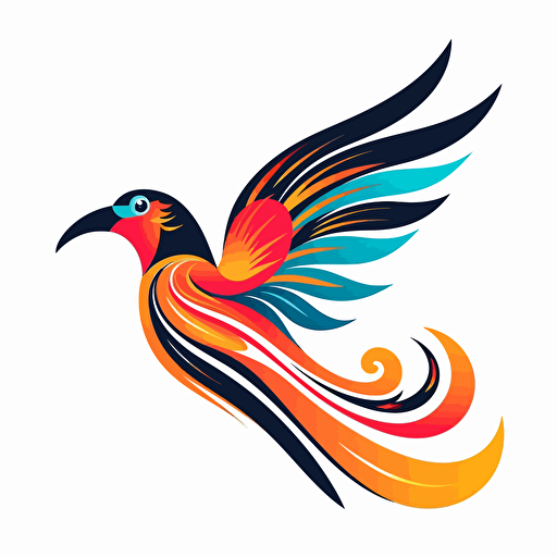 create a logo on white background of a very reduced, abstract and colourful, flying bird of paradise from Papua New Guinea in flat vector art style