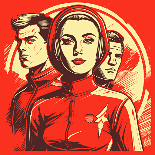 teenagers athletes, red and black color scheme, high detailed, vector illustration, retro poster USSR