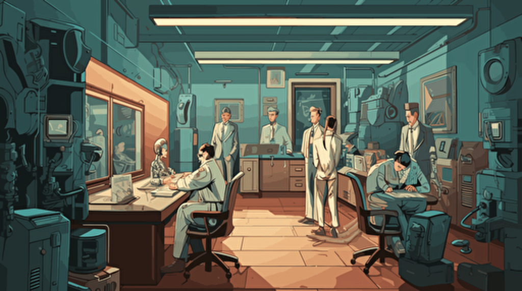 Vector color illustration in retrofuturist style in landscape format, the illustration shows a cabinet room. 10 people are sitting around a long work table on which many work files are placed. A small friendly robot brings in its arms big files. Atmosphere in the style of metropolis of friz lang, and 1984 of George Orwell.