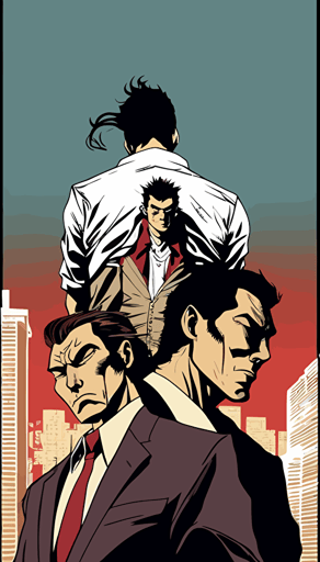 a rooftop scene as a cover, two yakuza gangster holding a man headfirst over the edge of the bulding threatening to let him fall, yakuza, manga comic style, simple vector illustration, flat design, cover, simple city background