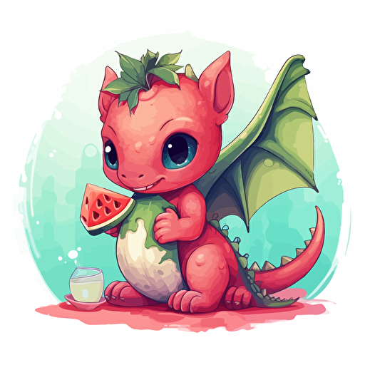 little dragon with a watermelon, cartoon, vector style