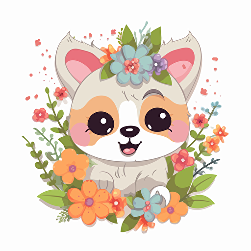 cute animal with flowers, detailed, cartoon style, 2d clipart vector, creative and imaginative, hd, white background