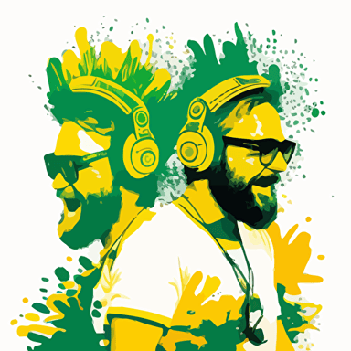 vector pop art, yellow and green, two male DJs with crown and headphones, singing happily loud, beard and goggles, back to back, white background, fusion of musical notes